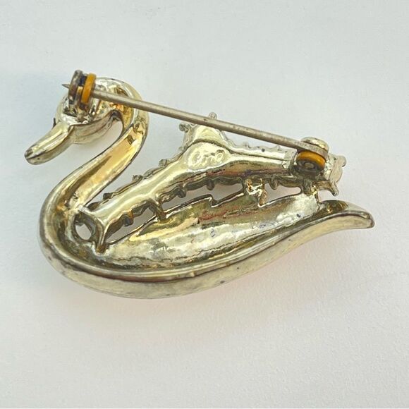 Vintage Coro Swan Brooch | Enamel Paint Rhinestone  Pearl Inlay Bird Pin Jewelry - Picture 11 of 13